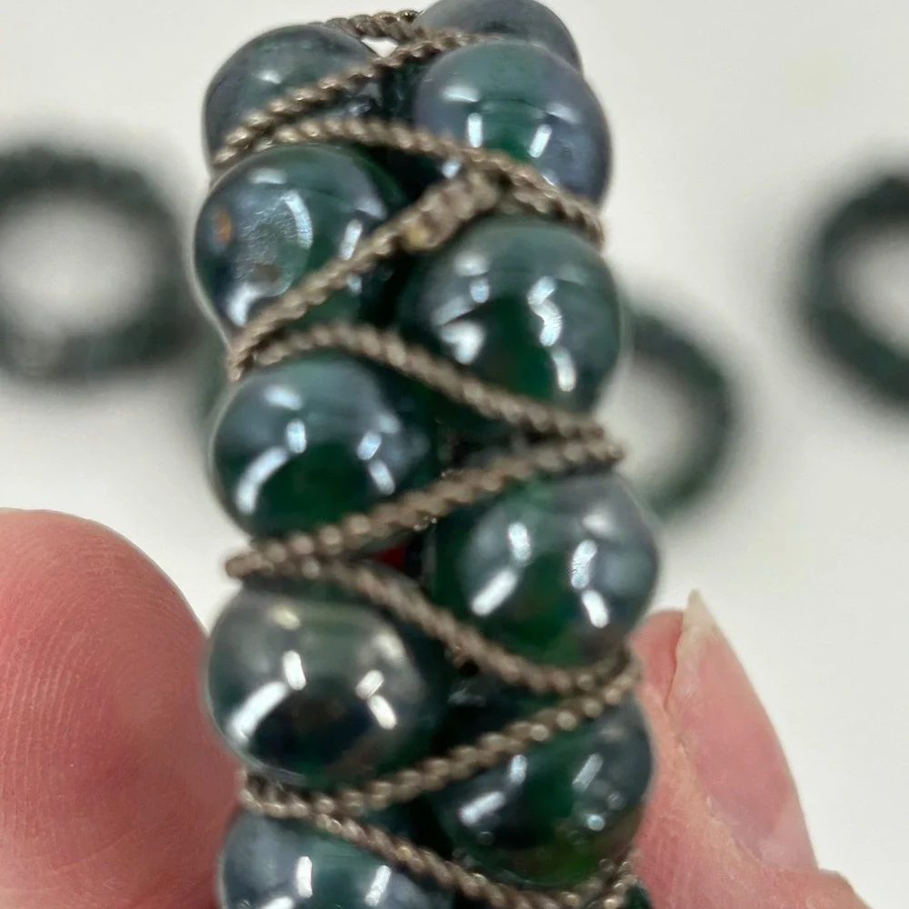 Vintage Beaded Napkin Rings Set of 5 Green Glass Silver Wire Boho Made in India